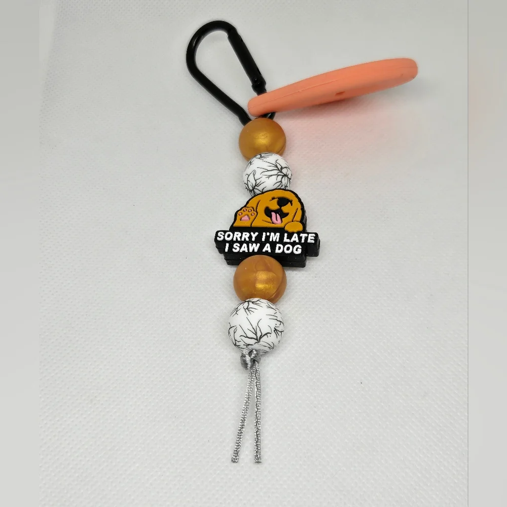 NWT Handcrafted Beaded Sorry I'm Late I Saw A Dog Golden Peach Poop Bag Holder